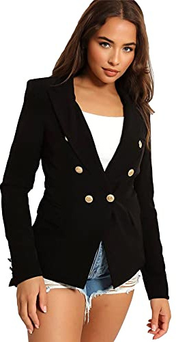 Crazy Girls Classic Blazers for Women, Golden Buttons Slim Fit Ladies Blazer, Ladies Long Sleeve Suit Jacket Lightweight Casual, Work Office Short Jacket, Double Breasted Office Coat UK