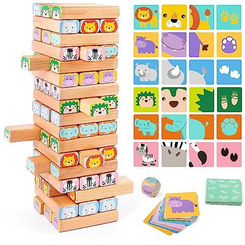 Nene Toys Holzklötze Stapelspiel - 4-in-1 Wackelturm Familien-Gesellschaftsspiel - Set: Bauklötze, Karten, Würfel - Afrika-Safari Lernspielzeug aus Holz für Kinder von 3-9 Jahren Lernspiel Tiere