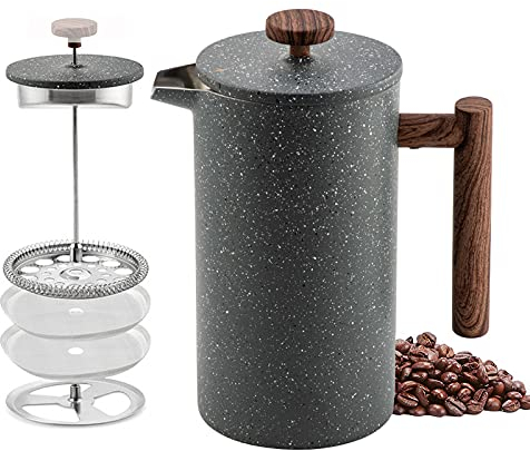 LTLWSH Cafetière à Piston Press Français en Acier Inoxydable de 1L, avec Filtres à Café, Double Paroi Isolante, Cafetière française de Piston pour 7-8 Tasses