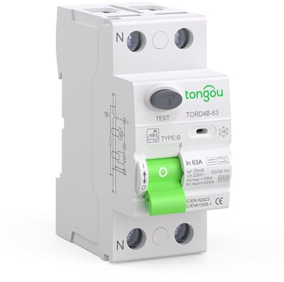 TONGOU Disjoncteur Différentiel 30mA 63A Type B 230V 1P+N - Conçu pour les Bornes de Recharge de Véhicules Électriques et les Systèmes Photovoltaïques