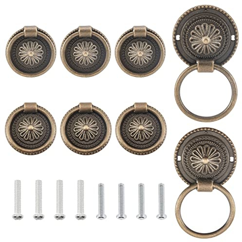 AHANDMAKER 8 Set Drawer Pull Rings & Handles, 2 Styles Vintage Antique Dresser Knobs Bronze Ring Drawer Flat Round Cabinet Knob with Screws for Cabinet, Nightstand, Cupboard, DIY Leather Belt