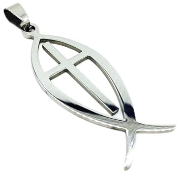 BlackAmazement 316L Edelstahl Anhänger Leder Kette Halskette Ichthys Eucharistischer Fisch christliches Symbol Kreuz Jesus silber Damen Herren (Anhänger mit Kette)