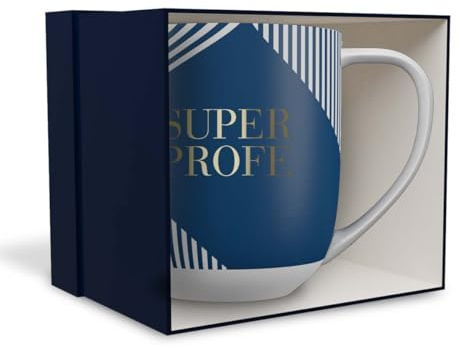 DRAEGER PARIS 1886 - Taza Cerámica Mensaje Super Profe Diseño Chic - 320 ml - Color Azul o Rosa con Detalles en Oro - Elegante y Decorativa - Apta Lavavajillas