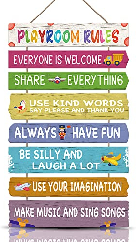 KAIRNE Colorful Playroom Rules Kids Inspirational Hanging Wall Sign Plaque