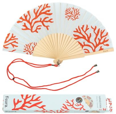 Fisura - Originale ventaglio con stampa corallo. Ventilatore a mano in legno moderno e dievrtente. Ventaglio blu e rosso. Misure: 42,5 x 23 cm. Legno e tessuto.