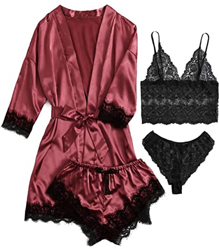 iSpchen Pyjama 4 pièces pour femme - Ensemble pyjama long - Sous-vêtements sexy en dentelle - Pantalon court - Chemise de nuit - Printemps été automne - Robe de chambre douce - Vêtement de nuit -