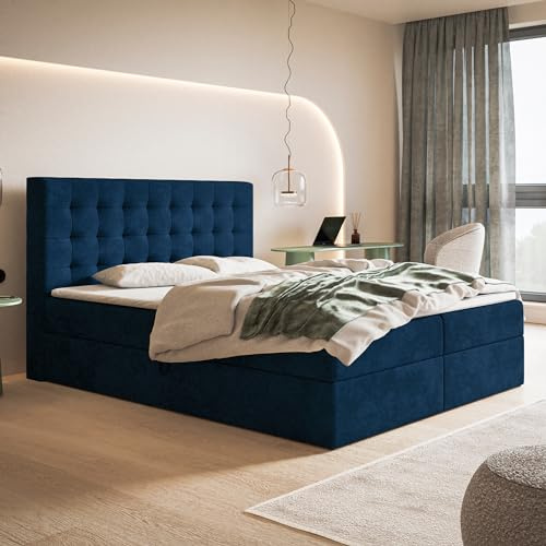 MOTIVENA Costa Boxspringbett 160x200 Blau Samt, mit Taschenfederkern-Matratze (H3), mit Visco Memory-Foam Topper (H2), Boxspringbett 160x200 mit Bettkasten Blau (Dunkelblau)