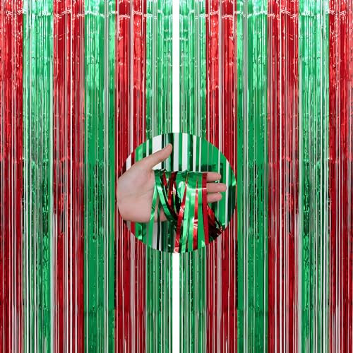 TOPWAYS Christmas Tinsel Foil Backdrop Curtains, Red and Green 2pcs 3.2ft x 8.5ft Metallic Tinsel Foil Fringe Curtains for Christmas Party Photo Backdrops Props Christmas Theme Decorations