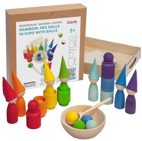 Ulanik Große Regenbogen Steckpuppen und Bälle in Tassen Montessori Spielzeug ab 3 Jahre + Puppen Sensorik Holzspiele zum Farben Lernen — 7 Zwerge