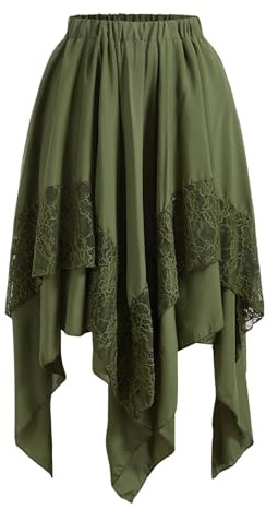 Verdusa Women's Renaissance Pirate Skirt 2026 Y2k Contrast Lace Asymmetrical Midi Skirts Whimsical Clothes Army Green Large