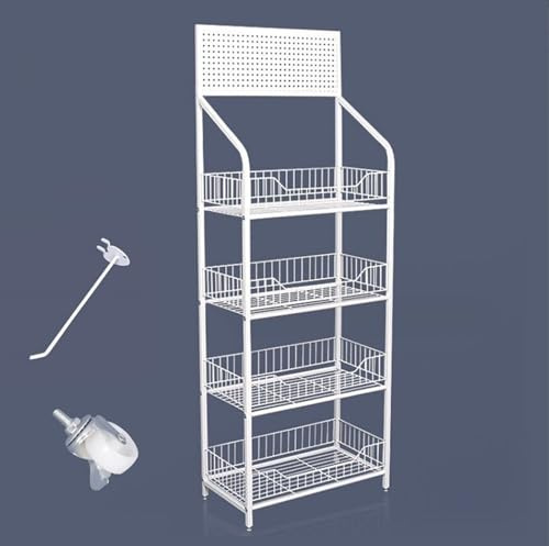 Butikshyllor detaljhandel – 140 x 50 x 27 cm stormarknadshyllor – försäljningshyllor med 4 hyllor – verkstadshylla med 10 x hålväggskrokar, källarhylla, metallhylla – färg: vit