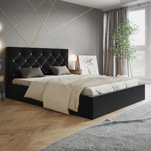 MOTIVENA Crystal Polsterbett 140x200 Schwarz, Polsterbett 140x200 Samt, Polsterbett 140x200 mit Bettkasten, Polsterbett 140x200 mit Stauraum, mit Lattenrost, mit Kopfteil, ohne Matratze, Schwarz