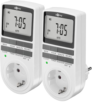 goobay - Zeitschaltuhr 2er Set digital mit 16 Programmen - Zeitschaltuhr Steckdose mit Zufallsmodus zum Einbruchschutz - Timer Steckdose inkl. 100 Tage Back-up Akku - 3680W - 230V (AC) - 16A - 74215