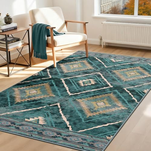DEFYNEE Maschinenwaschbare Teppiche für Wohnzimmer, Küchenteppiche, rutschfest, weicher Kurzflor, Vintage-Teppiche für Schlafzimmer, Marokkanischer Teppich für Flur, Schlafzimmer und Küche, Blaugrün