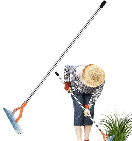 Rastrello per la manutenzione del prato, rastrello per paglia da giardino, rastrello per la toelettatura dell'erba, efficiente, versatile in acciaio inox, con denti curvi per la pulizia dell'erba