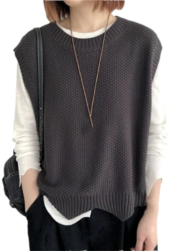 Damen Baumwoll Einfarbige Weste Rundhalsausschnitt Pullover Ärmellose Pullover Large Baumwoll Lockere Strick Weste, Dunkelgrau9, Einheitsgröße