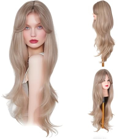 60 cm, blonde Perücken für Frauen, lange lockige Perücke mit Fransen, hitzebeständige Kunsthaarperücke für die tägliche Party, Cosplay Wear