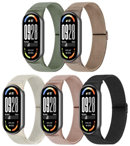 Wizvv Mi Band 9/Mi Band 8 armband för kvinnor och män, 5 st, justerbara stretchband, nylonarmband, ersättningsband för Xiaomi Smart Band 9/Xiaomi Smart Band 8, 150-240 mm, Nylon