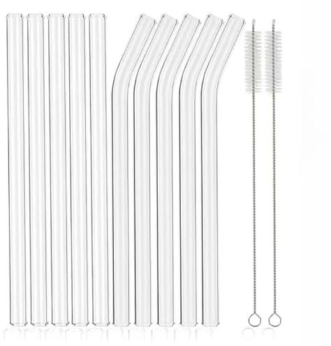 12 cannucce riutilizzabili in vetro, misura 17,8 x 8 mm, con 5 teste dritte, 5 cannucce curve e 2 pennelli per paglia. Pennelli riutilizzabili in vetro borosilicato, succo, caffè e cocktail