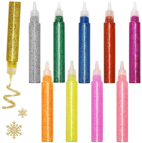 Bolosa Glitter Glue Pens in 10 Colours for Arts, Crafts and Scrapbooking | Washable glue for paper, fabric, foam and craft sticks, in 10 rainbow colours including gold, silver, rose red and orange.