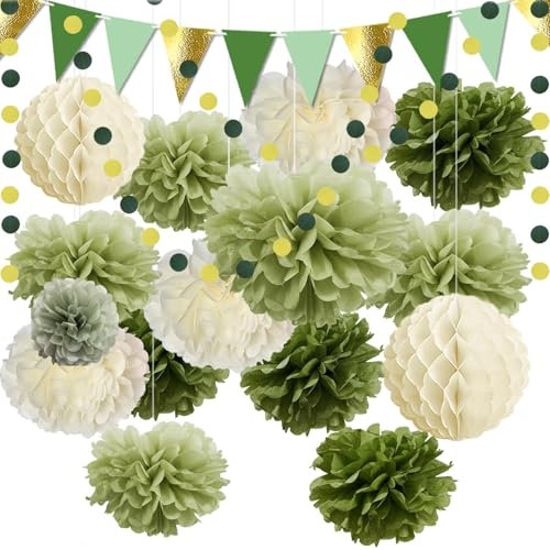 Pompons Deko, 16 Stück Grüne und Beige Papierblumen, Deko Gartenparty, Hochzeitsdekoration für Babyparty, Verlobung oder Geburtstag
