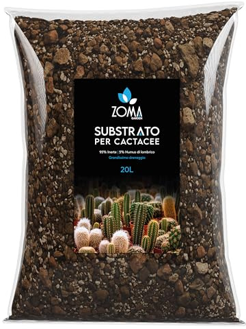 Zoma Terriccio per cactus professionale, Terra per cactus con il 95% di inerti selezionati, Terriccio cactacee ricco di Acidi umici e fulvici drenaggio ottimale - 20 Litri