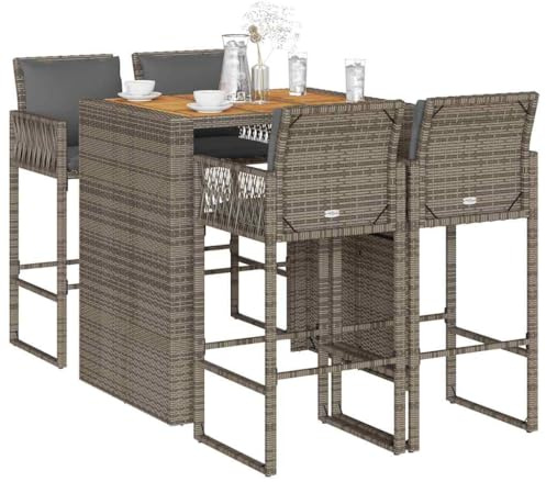 WSJHUHK Möbel, Outdoor-Möbel, Gartenmöbel-Sets, 5-teiliges Garten-Bar-Set mit Kissen, graues Poly-Rattan-Akazie