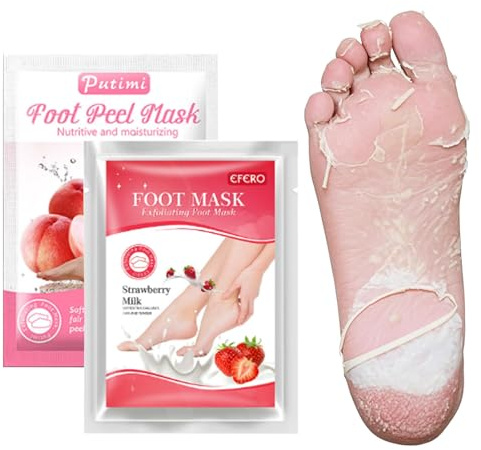 PacuM 2 Paia Maschera Piedi Esfoliante Maschera Piedi Secchi Screpolati Foot Peel Mask Idratante Talloni Screpolati Acido Lattico Pedicure Cuticole Morbide per Uomini Donne (Fragola e Pesca)