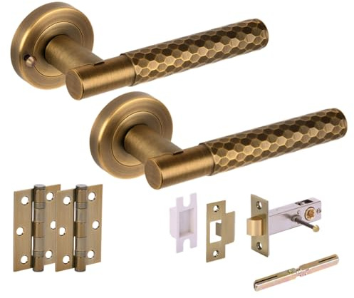 Hunta HANDLEZONE® Roca Diamond Cut Knurled Privacy Door Handle Pack, Complete with Lever Handles, 76mm Latch, 75mm Ball Bearing Hinges - Matt Bronze
