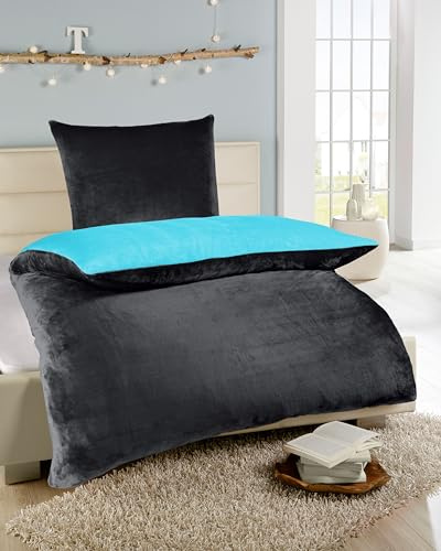 MB Warenhandel24 Bettwäsche Winter - Set Plüsch, Teddy-Fleece, 135x200 cm Bettbezug mit 80x80 cm Kissenbezug, Wende-Design, Bügelfrei, Winter-Warm, Cashmere Touch (Anthrazit/Türkis)