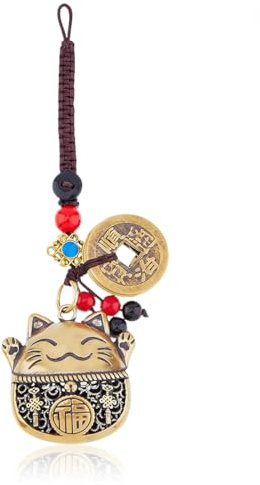 YAZWUR 1 pièce Porte Bonheur à Suspendre en Forme de Chat Porte Bonheur Chinois avec Cinq Empereurs Argent, Chat Porte Bonheur, Porte Clés Maneki Neko, Porte Clef