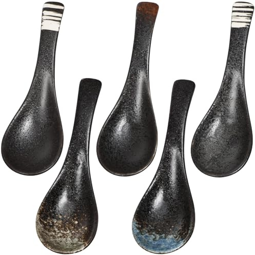 POPETPOP Lot de 5 Cuillères Multifonctions en Céramique Mixte Cuillères à Riz et Soupe Japonaises Louches Cuisine pour Usage Domestique et Restaurant Style Vintage Taille Moyenne