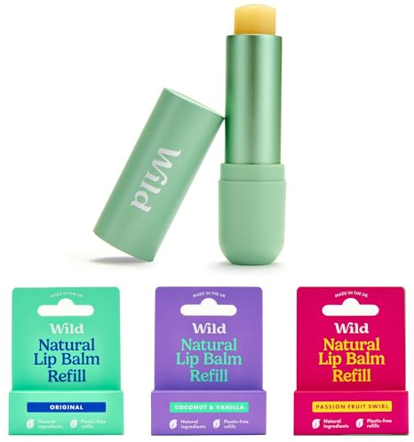 Wild Natürliches Nachfüllbares Lippenbalsam-Starterset – Enthält Salbeigrünes Aluminiumetui & 3er-Pack Lippenbalsam-Nachfüllungen in verschiedenen Düften – Passionfruit, Coconut & Vanilla & Original