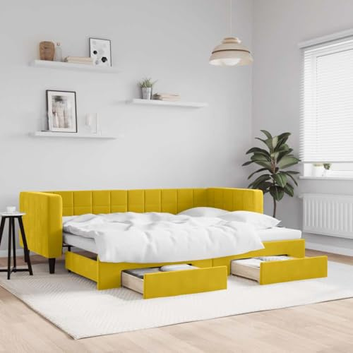 Bucmath Utdragbar dagsäng, med lådor, gul, 80 x 200 cm, sammetstoppning, 2-i-1-bäddsoffa med förvaringsutrymme, modern design för sovrum, gästrum