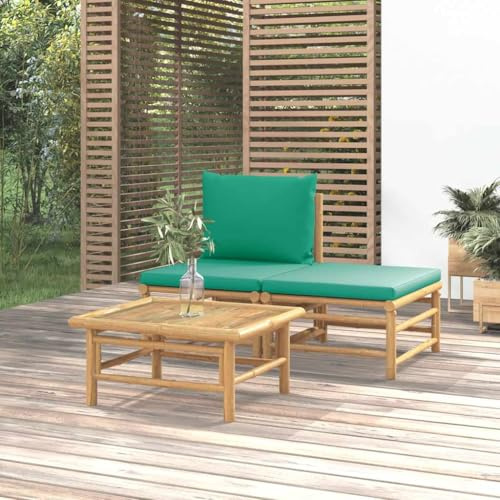 Owoxanthellate 3-teiliges Outdoor Lounge-Set aus Bambus mit grünen Polsterkissen 65 x 55 x 30 cm modular platzsparendes Gartensofa Couchtisch für Balkon Terrasse Wintergarten