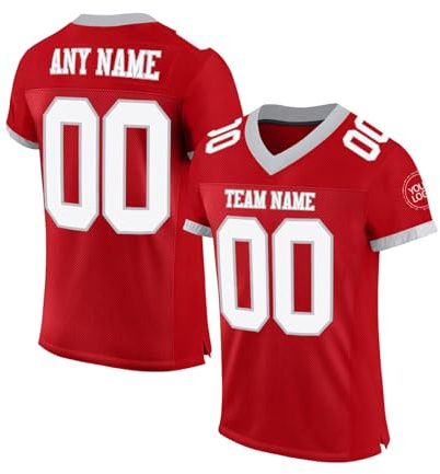 Maillot d‘Équipe de Football Américain Personnalisé | pour Adultes et Juniors | Tenue de Sport Style Rugby avec Nom et Numéro Rouge