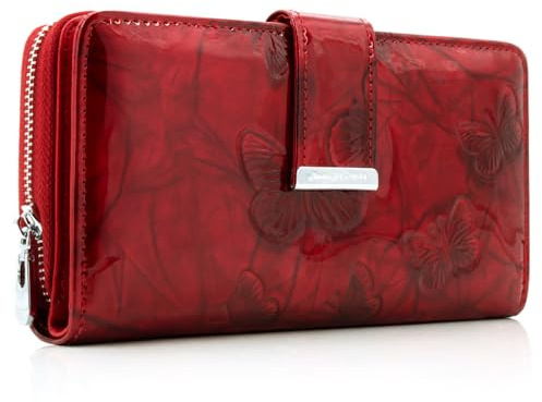 ekavale Portemonnaie Damen Leder mit Schmetterling Muster Große Damen-Geldbörse mit RFID-Schutz stilvolle Langbörse für Frauen aus Lackiertem Leder für Alltag Reisen und Shopping (Rot)