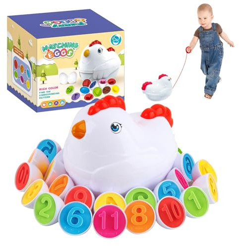 Shyllin Passande äggleksak, 12 Montessori-ägg, höna bilförvaring, sensoriska leksaker, klassificeringsfack utveckling, småbarnsleksaker, påsk (färgglada siffror)