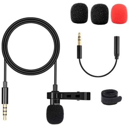 NUOBESTY Microphone Cravate Omnidirectionnel à Pince Noir, Mini Micro D'enregistrement 3,5 Mm Câble 1,5 M, Accessoires Inclus, Interview et Podcast