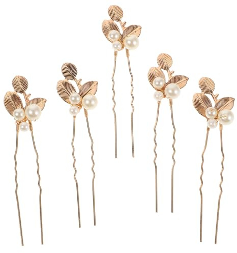 ibasenice Horquillas de Novia Set de 5 Hechas a Mano Perlas Doradas Diseño Vintage de Hoja Accesorios Cabello para Fiestas y Uso Diario