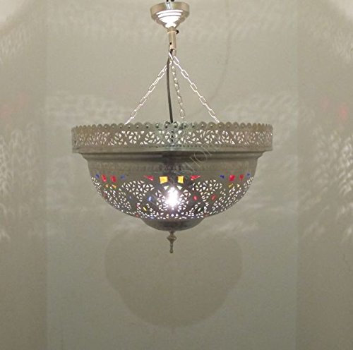 Saharashop Marokkanische Messing Hängelampe Edel Silber Multi Groß, mit Aufhängekette Baldachin und E27 Lampenfassung, Schöne Dekoration für Wohnzimmer, Küche, Esszimmer, Büro oder Schlafzimmer