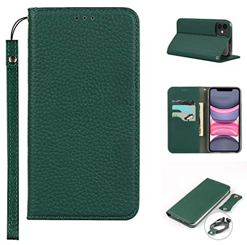 Copmob iPhone 11 Case,Genuine Leather Flip Wallet Case,[3 Card Holders][Magnetic][RFID-Blocking],Protective Phone Case Cover for iPhone 11 - Dark Green