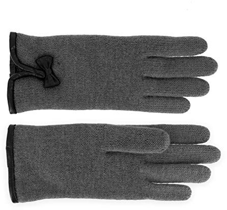 fiebig Walkhandschuhe mit Ledersaum und modischer Schleife| Fingerhandschuh aus gewalkter Wolle für Damen | Schurwollhandschuhe in vielen Farben (7,5-L, Anthrazit)