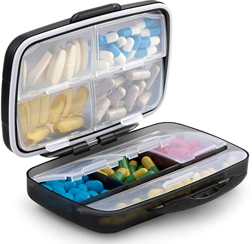 Fullicon Travel Pill Box Organiser Large Portable, Oversize 8 Compartment Pill Boxes/Holder, Vitamin/Medication Case - Airtight & Moistureproof (Black)