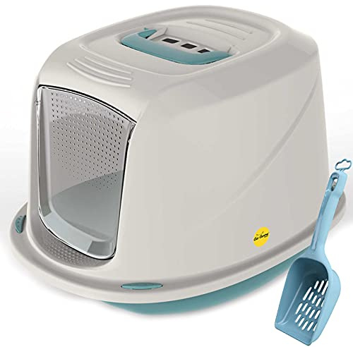 CAT CENTRE Jumbo Blue Hooded Cat Litter Tray + Scoop, Carbon Filter | Large kitten litter tray, swing flap door, carry handle, rounded corners, waste scoop set, portable, easy cleaning