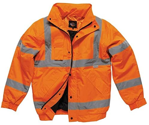 Dickies High Visibility Hi Vis Bomber Jacket Waterproof Warm Padded Coat Orange Hood Work S-XXL (Medium)