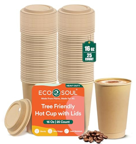 ECO SOUL Bagasse Hot Cups with Lid - 473ml(16oz), Disposable Cups 25 Pack | Heavy-duty construction, Plastic-free design, Suitable for hot & cold food, Leak & grease resistant, to go cups