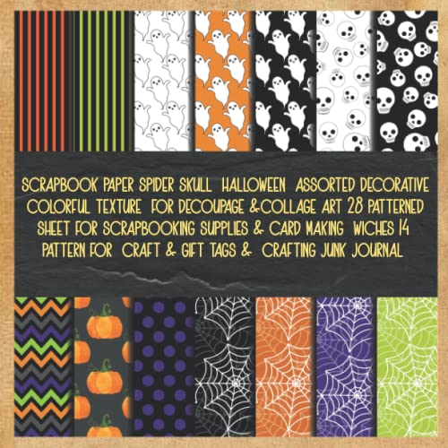 scrapbook paper spider skull halloween assorted decorative colorful texture for decoupage &collage art 28 patterned sheet for scrapbooking supplies ... craft & gift tags & crafting junk journal