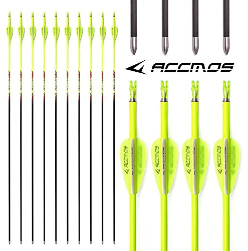 ACCMOS Spine 800 ID 4,2 mm Bogenschießen Pfeile, für Compound Bogen Recurve Bögen Jagd Schießen Orange oder Gelb Carbon Pfeil 12 St (28inch, YW Spine 800)