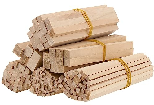 SEHOI 215 palitos cuadrados de madera de tilo, tacos cuadrados de madera dura, tacos de madera sin terminar para hacer modelos de bricolaje, 1/8, 3/16, 1/4, 5/16, 3/8, 1/2 x 5.9 pulgadas